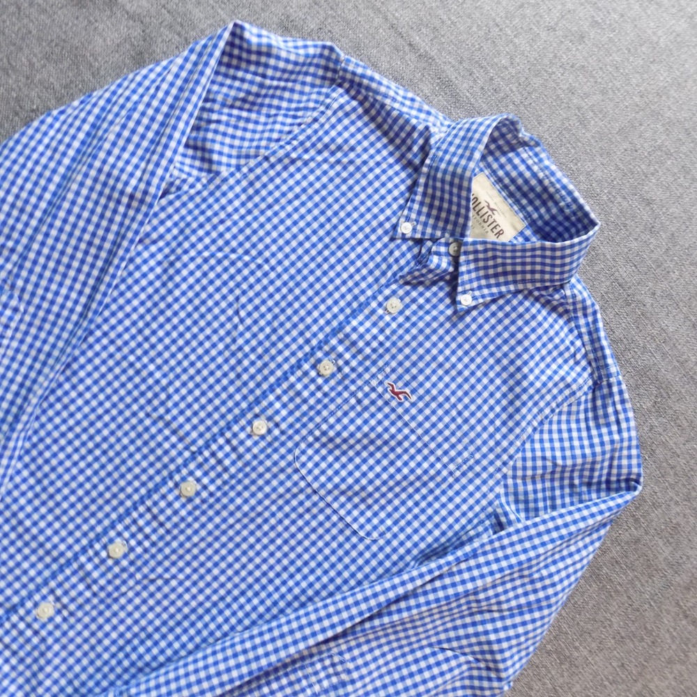 Hollister Button Down Shirt Mens Small Blue Gingham Good Long Sleeve Cotton Logo